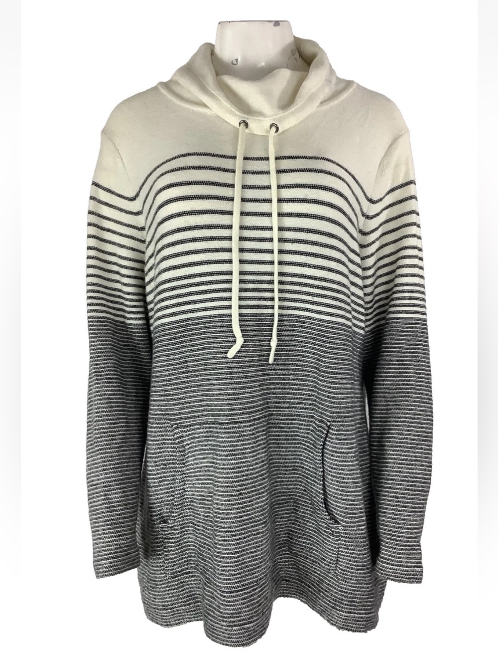 Talbots Sz M Lambswool Blend Cowl Neck Striped Tunic Pullover Sweater Cream